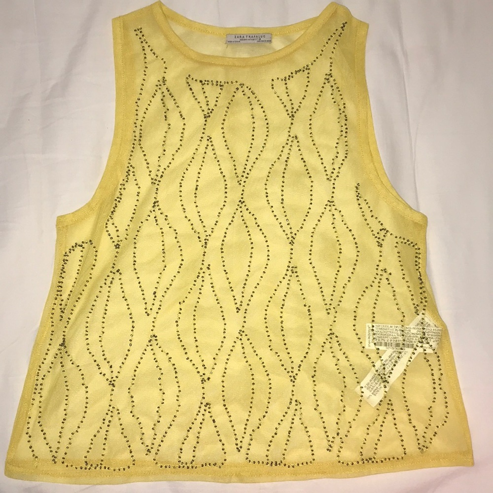 Zara yellow mesh embellished top